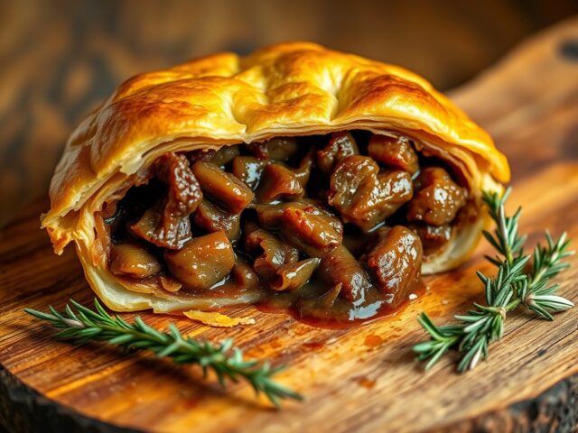 Engelse pie gevuld met uien en rundvlees