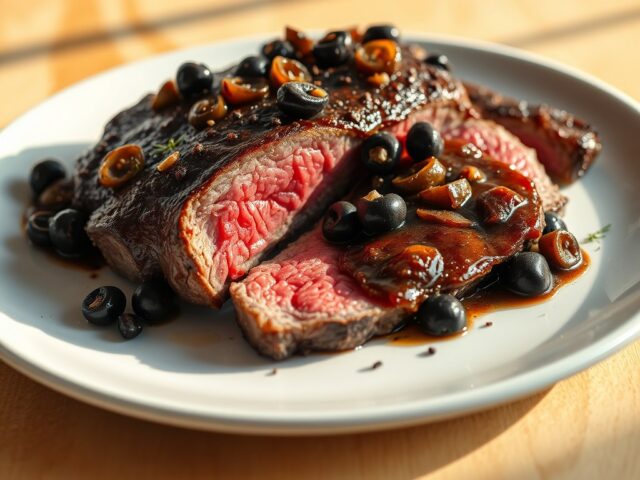 Entrecote met saus van ansjovis en olijven