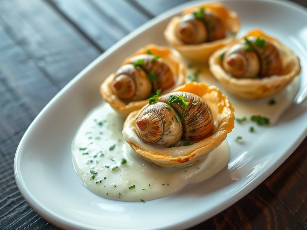 Escargots au Roquefort, AI-gegenereerde illustratie