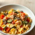 Farfalle met gebakken groenten, zalm en tomaat