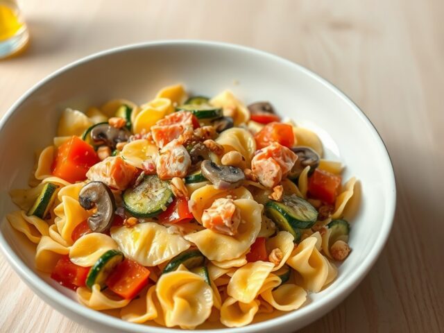 Farfalle met gebakken groenten, zalm en tomaat