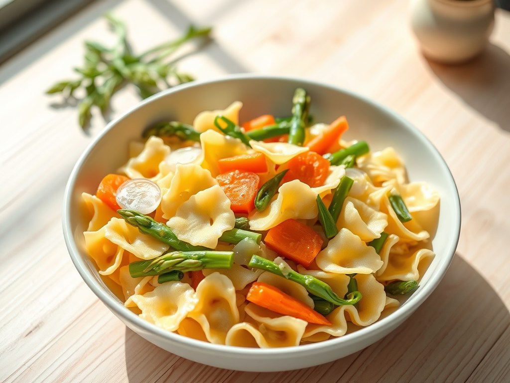 Farfalle met lentegroenten, AI-gegenereerde illustratie