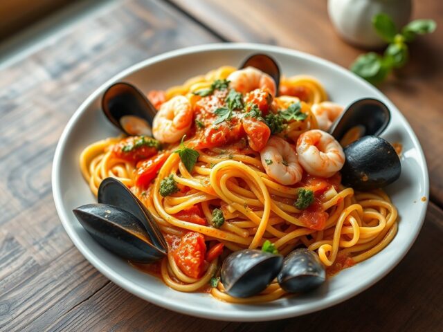 Fettucine met mosselen-krabsaus