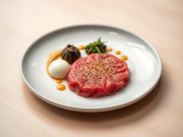 Filet american van Streefkerks rundvlees met piccalillyijs, tapenade van champignons en mosterdsaus
