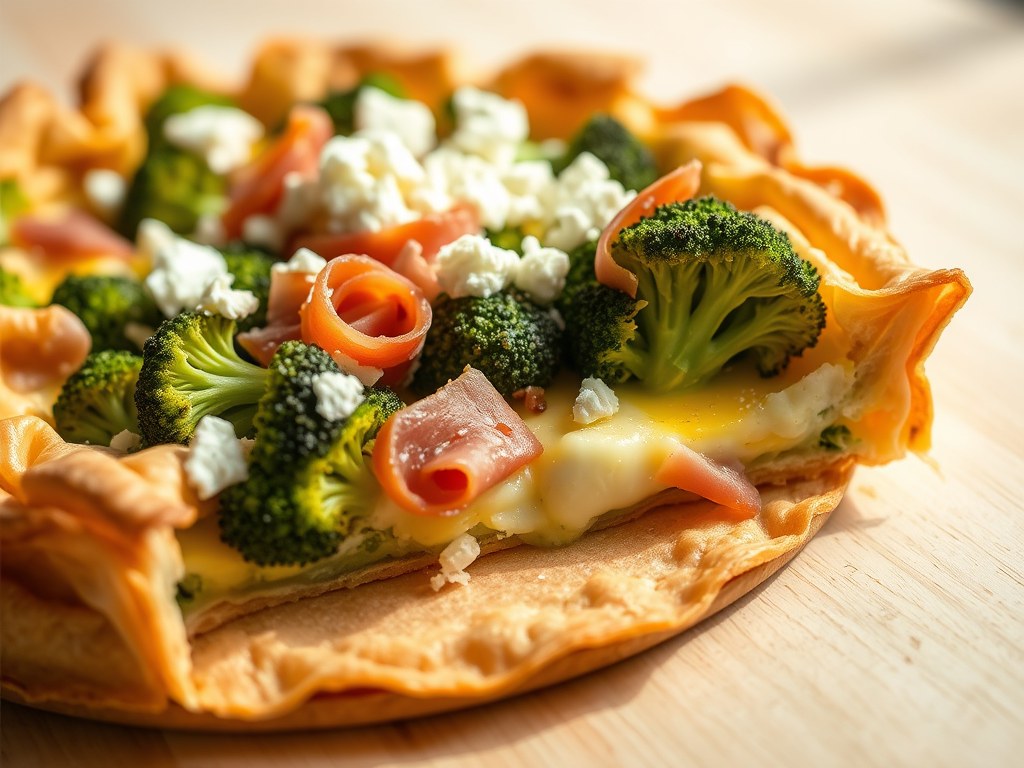 Fillodeegtaart met broccoli en serranoham, AI-gegenereerde illustratie