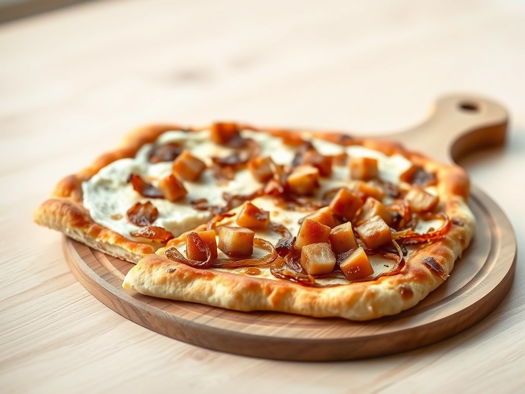 Flammkuchen met ui en spekjes, AI-gegenereerde illustratie
