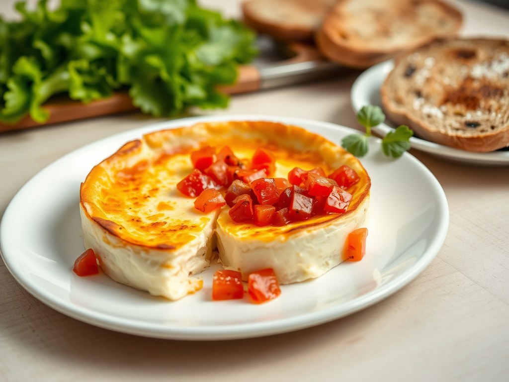 Flan van ricotta-Parmezaan en paprikasalsa met geroosterd brood, AI-gegenereerde illustratie