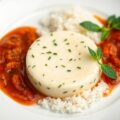Flan van tongfilet en courgette met kruidige tomatensaus en rijst