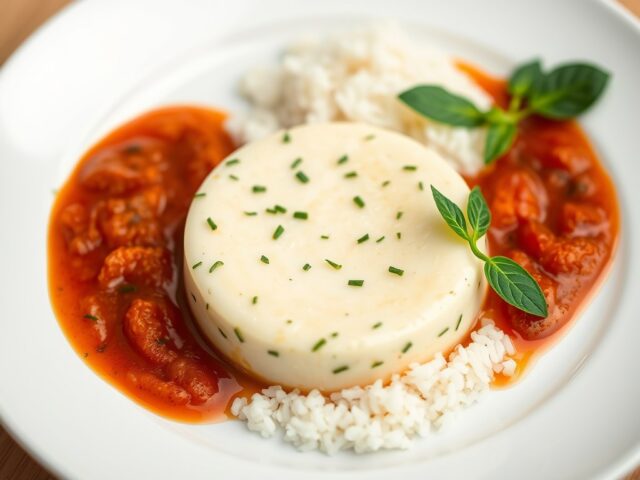 Flan van tongfilet en courgette met kruidige tomatensaus en rijst