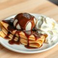 Flensjes met vanille ijs en warme chocoladesaus