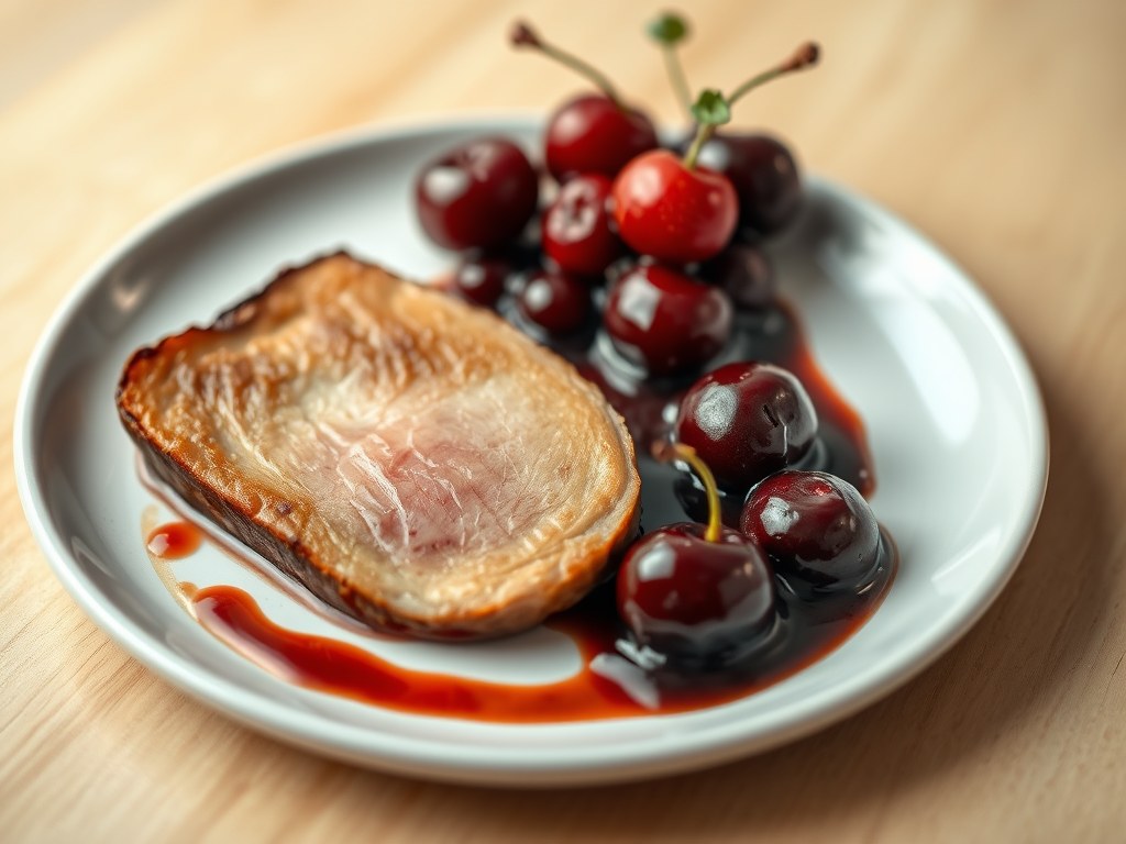 Foie Gras (gans of eend) met kersenzoetje, AI-gegenereerde illustratie