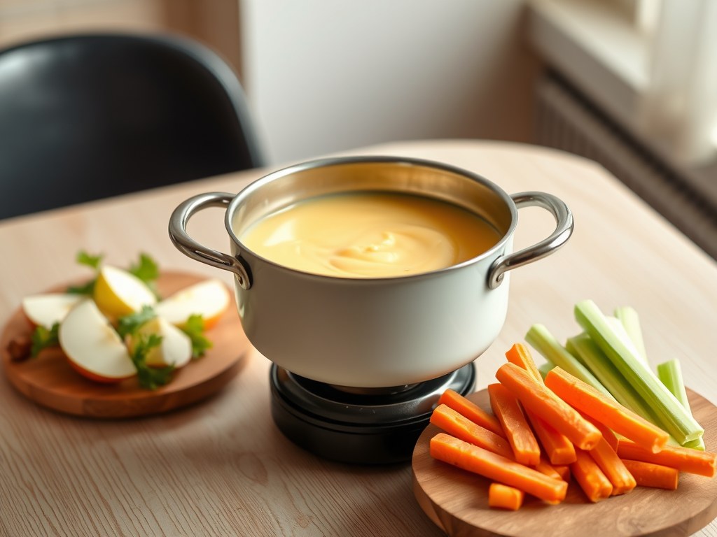 Fondue met hervekaas en fijne groenten, AI-gegenereerde illustratie