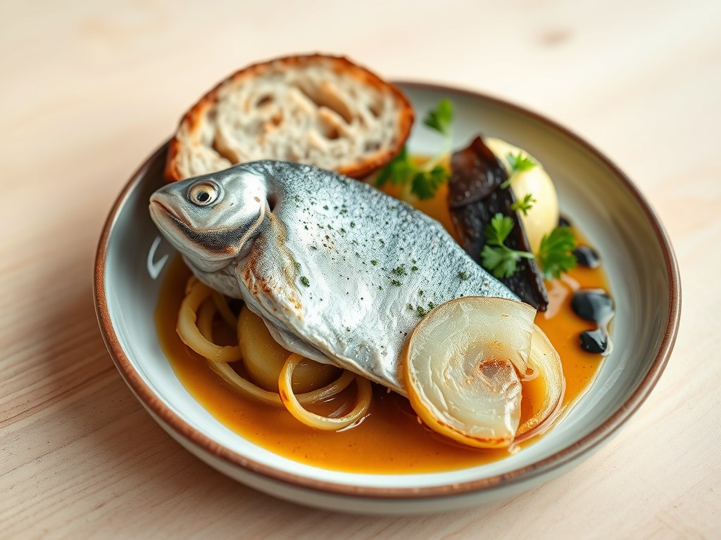 Forel met gesmoorde prei, aardappel, gerookte pali, AI-gegenereerde illustratie