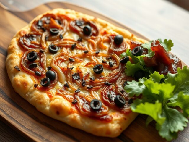 Franse uienpizza met groene salade (pissaladière)
