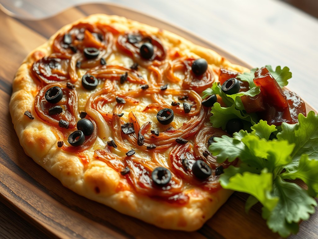 Franse uienpizza met groene salade (pissaladière), AI-gegenereerde illustratie