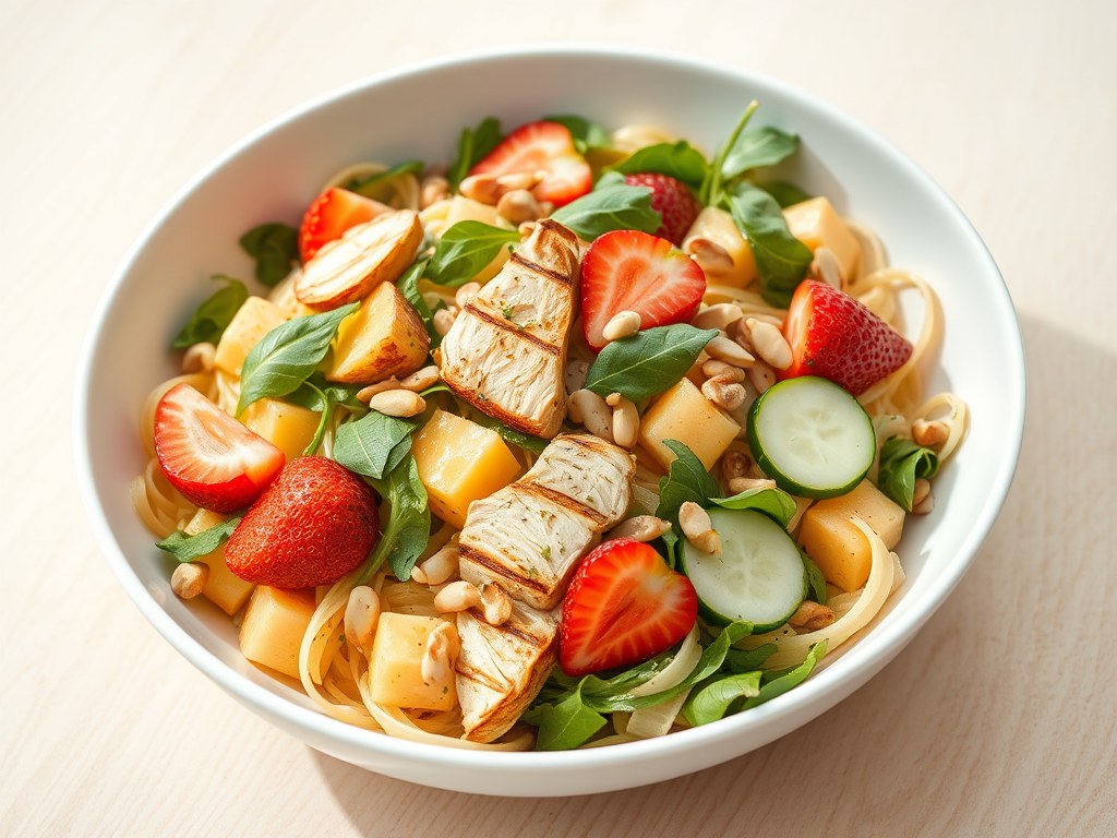 Frisse kip tagliatelle fruit salade, AI-gegenereerde illustratie