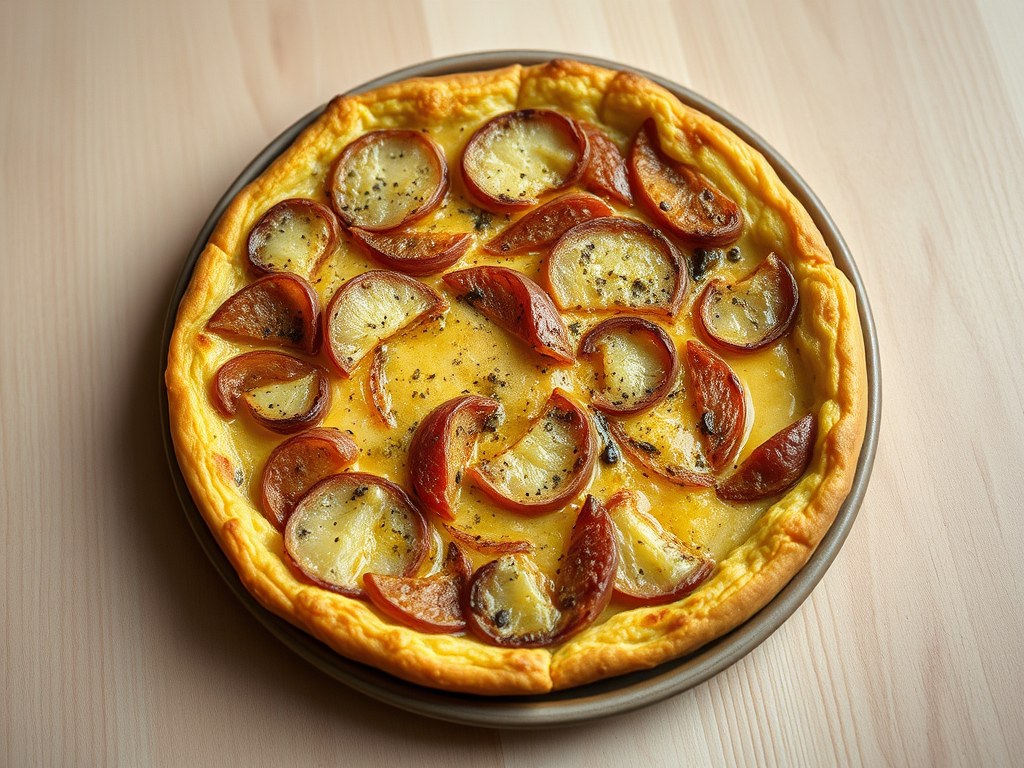 Frittata met aardappel, gekarameliseerde ui, AI-gegenereerde illustratie