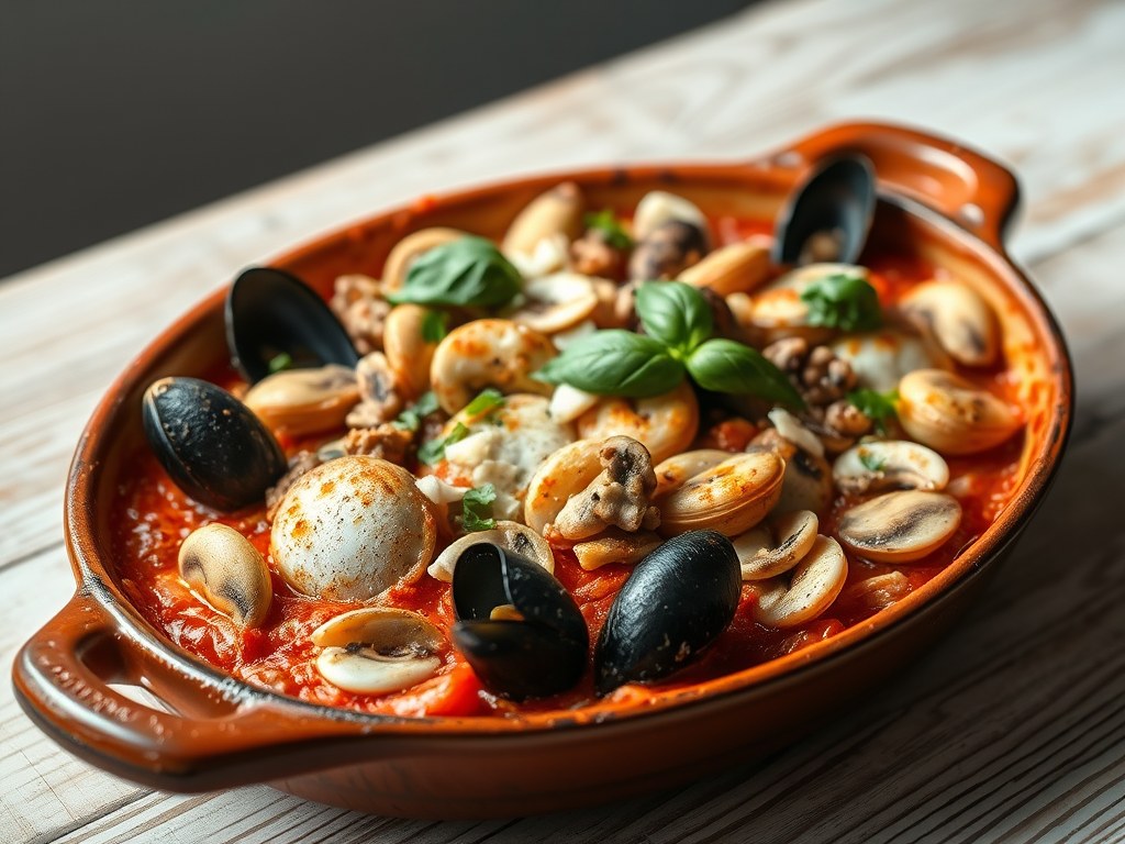 Frutti di mare op tomaat, AI-gegenereerde illustratie