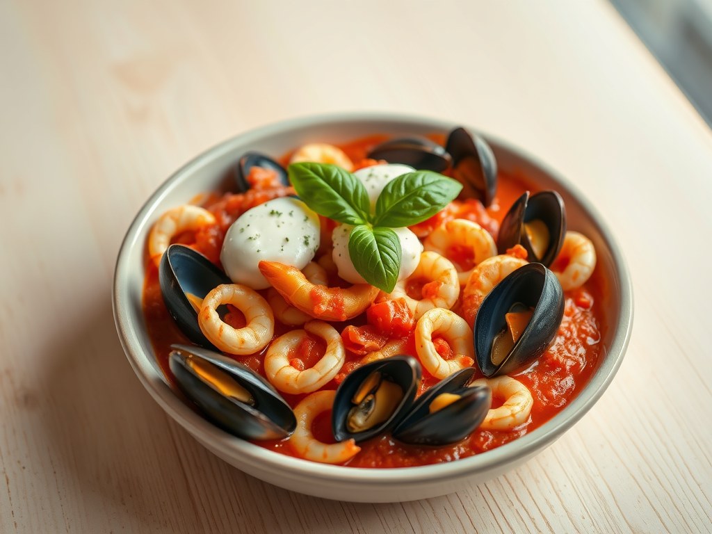 frutti di mare op tomaat, AI-gegenereerde illustratie