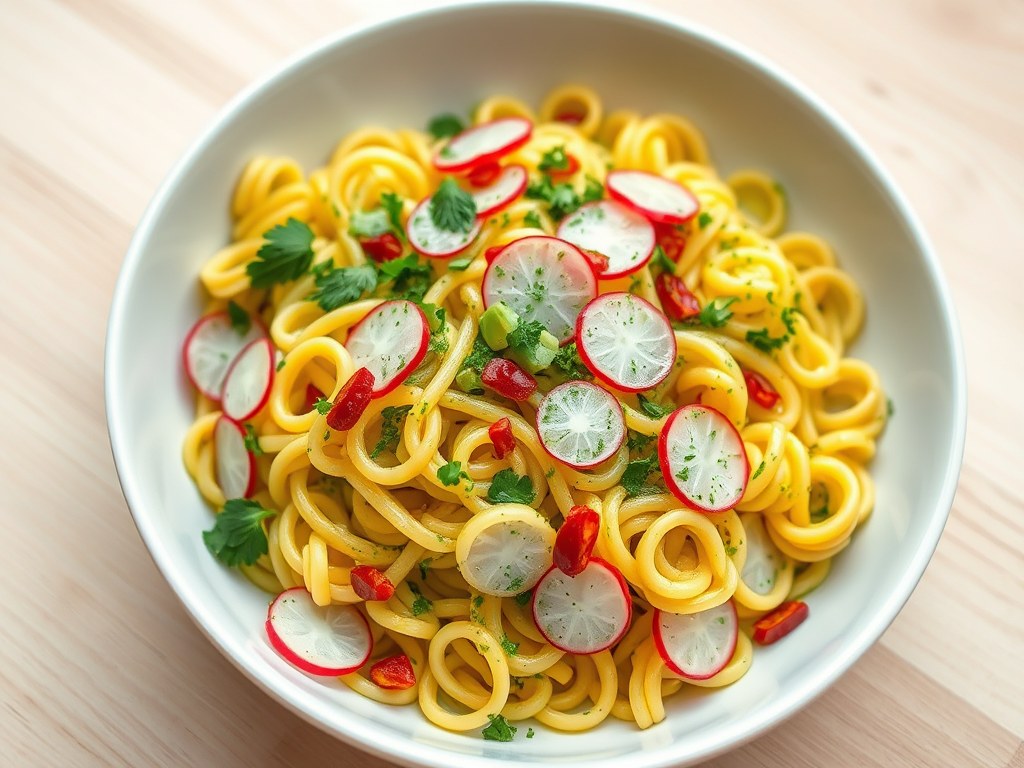 Fusilli met radijsjes en kruidenolie, AI-gegenereerde illustratie