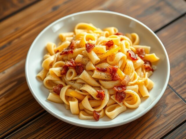 Fusilli met spekjes en crème fraîche