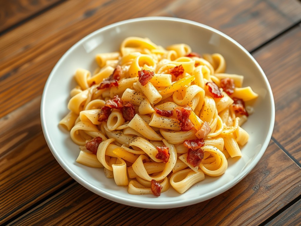 Fusilli met spekjes en crème fraîche, AI-gegenereerde illustratie