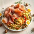 Ganda Ham met een nestje groentetagliatelle en kwarteleitjes