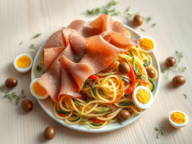 Ganda Ham met een nestje groentetagliatelle en kwarteleitjes