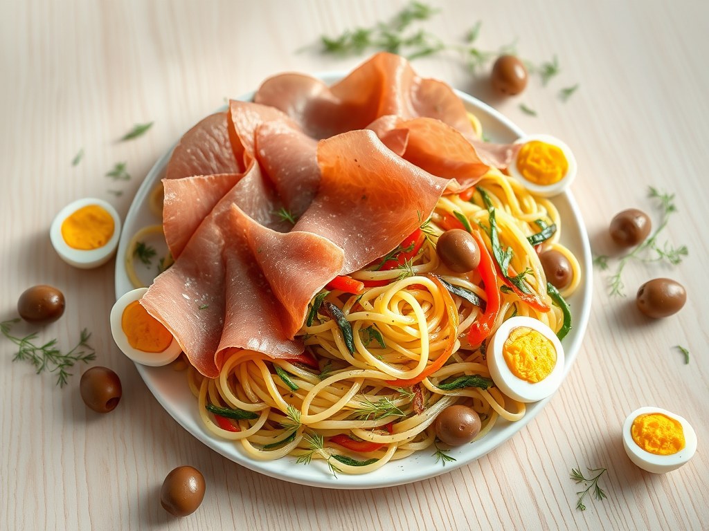 Ganda Ham met een nestje groentetagliatelle en kwarteleitjes, AI-gegenereerde illustratie