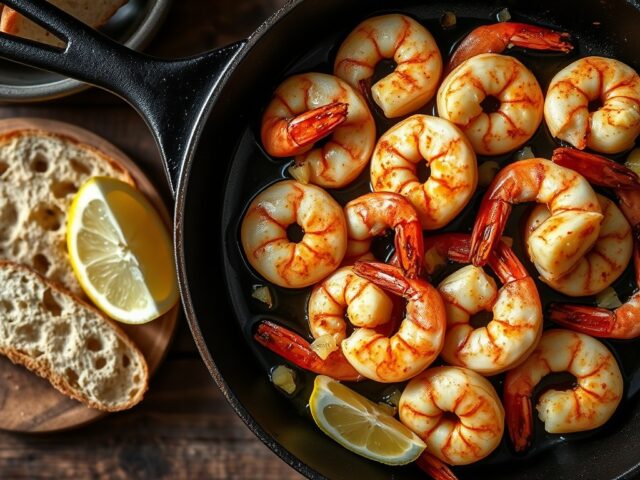 Garnalen a la Plancha met door Knoflook en Pimenton Geinfuseerde Olie.