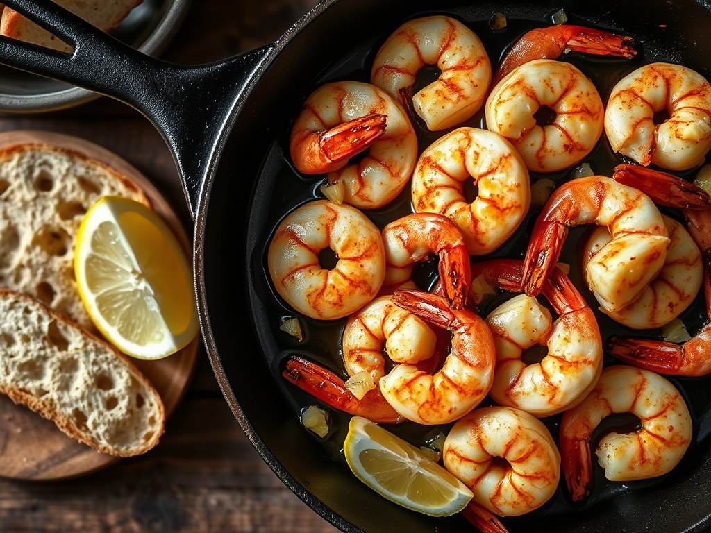 Garnalen a la Plancha met door Knoflook en Pimenton Geinfuseerde Olie., AI-gegenereerde illustratie