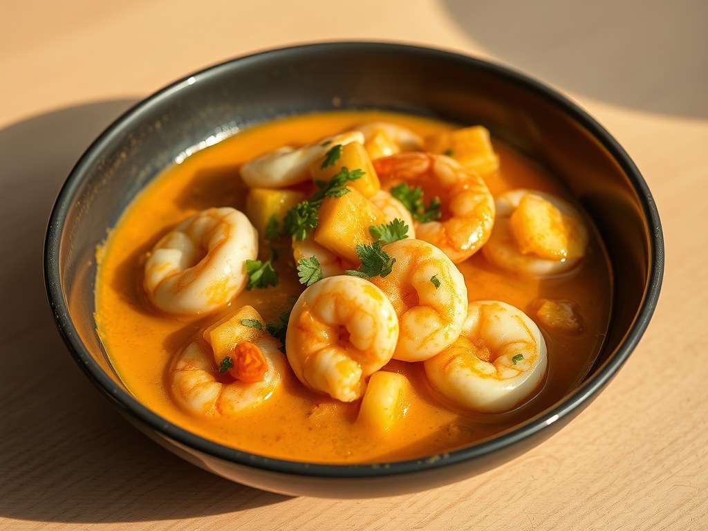 Garnalen en Eieren met Curry Madras, AI-gegenereerde illustratie