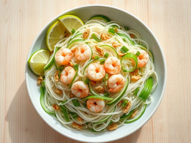 Garnalen in rijstnoedels als Thaise salade