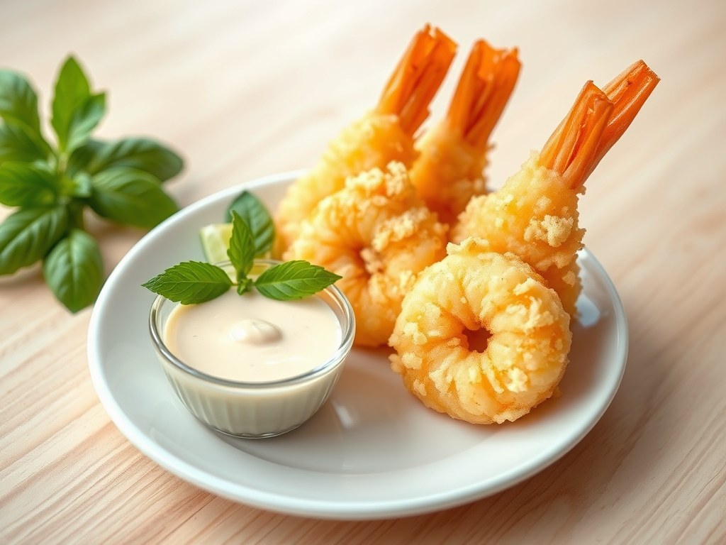 Garnalen in tempura-kruidenbeslag en mayo-sojasaus, AI-gegenereerde illustratie