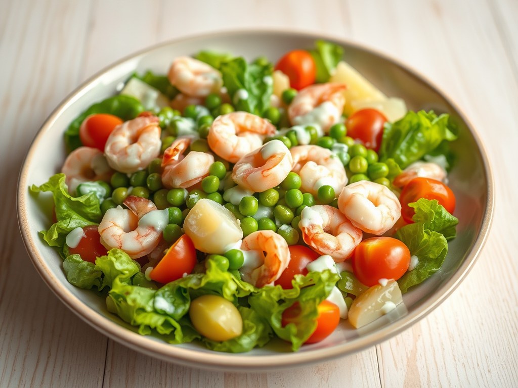 Garnalen-maaltijdsalade met slanke dressing, AI-gegenereerde illustratie