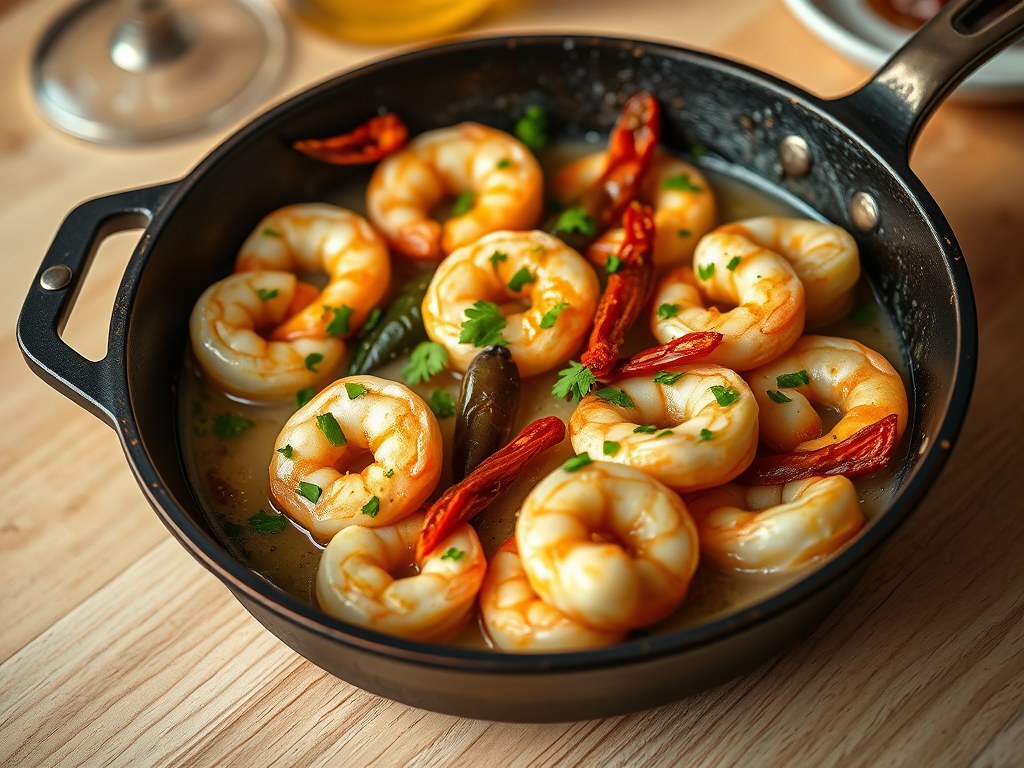 Garnalen met knoflook en witte wijnsaus tapas, AI-gegenereerde illustratie