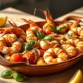 Garnalen met ui, knoflook en tomaat uit de oven
