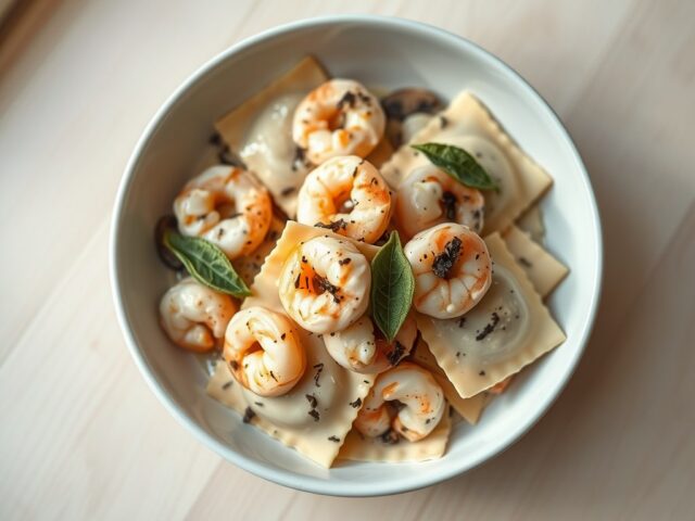 Garnalen-paddestoelenravioli in truffel-roomsaus