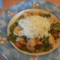 Curry met garnalen, peultjes, paprika en lente-uitjes. Lekker met rijst.