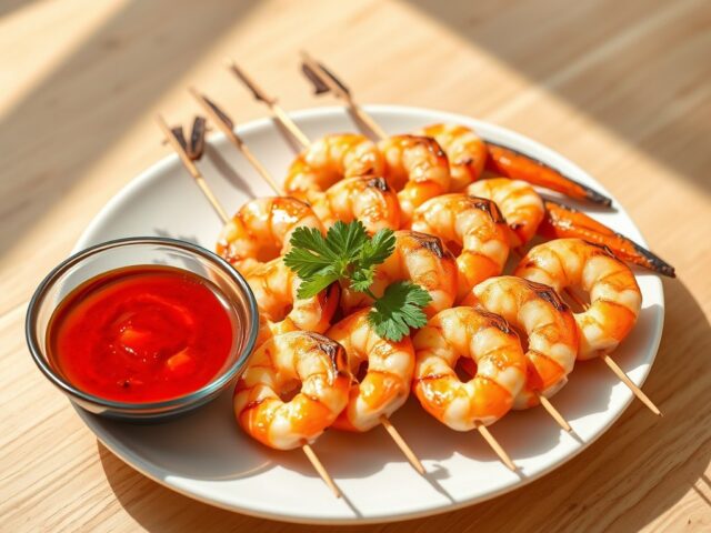 Garnalenspiesje met sweet chili saus