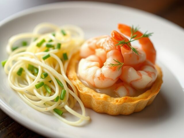 Garnalentaartje met spaghetti van witte en groene asperges