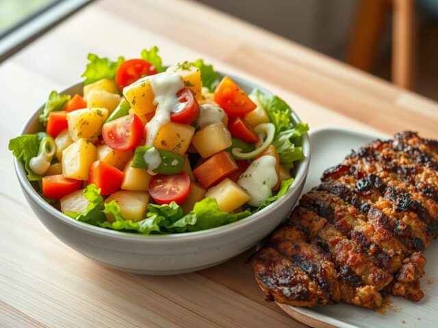 Gebakken aardappelsalade met gegrild gehakt