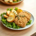 Gebakken aardappelschijfjes en gepaneerde kip op een bedje sla