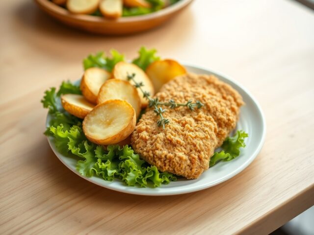 Gebakken aardappelschijfjes en gepaneerde kip op een bedje sla