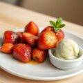 Gebakken aardbeien met zwarte peper en pistache-ijs