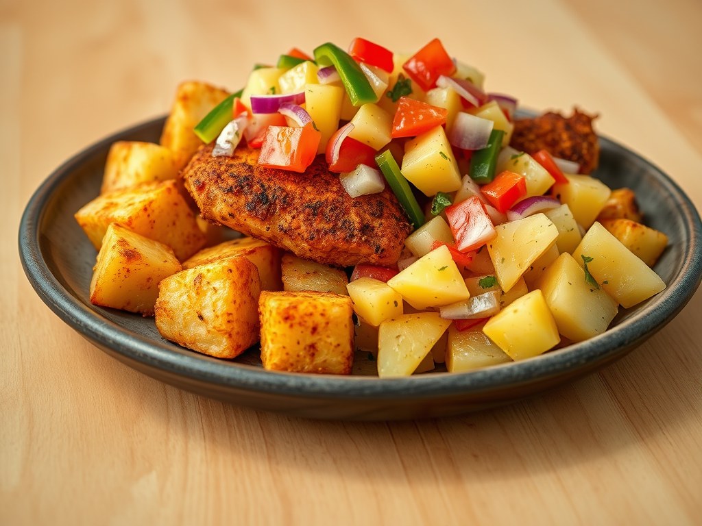 Gebakken cajunaardappelen met kip en ananassalsa, AI-gegenereerde illustratie