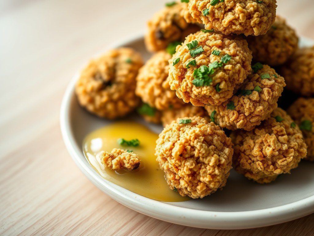 Gebakken champignons met cornflakes en peterselies, AI-gegenereerde illustratie