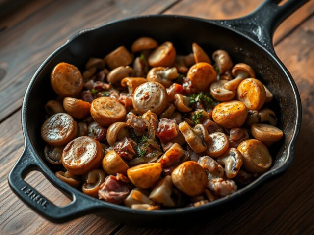 Gebakken champignons met ham en ui