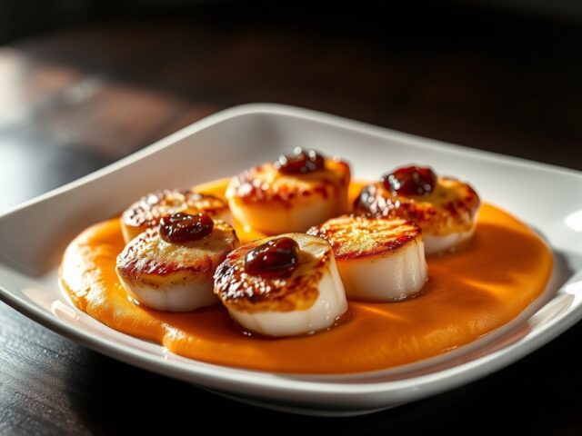 Gebakken Coquilles met Bacon Marmelade en Wortelcrême