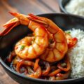 Gebakken gamba’s met gekarameliseerde ui